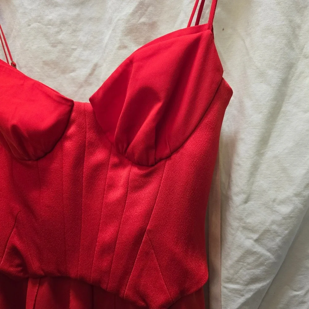 NWT OH POLLY Scarlet Red Ruffle High Slit Corset Maxi Dress‎ US 4